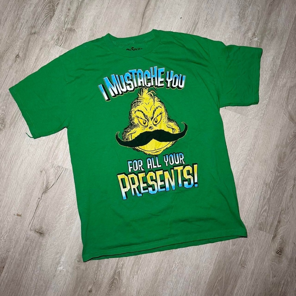Dr.Seuss 2000's "MUSTACHE YOU FOR ALL YOUR GIFTS" graphic mustache grinch tee